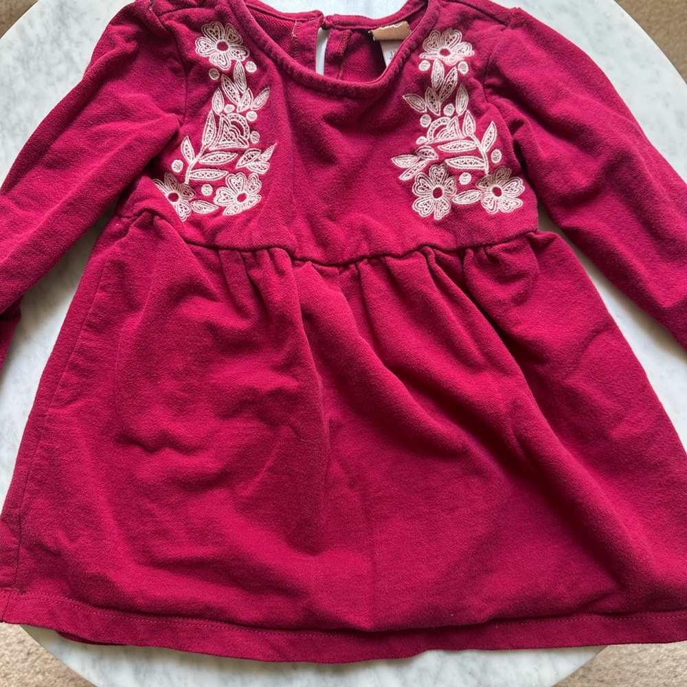 Toddler Tea Burgundy Dress with Floral Embroidery